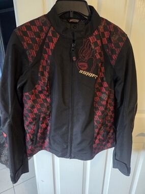 Shift Womens Motorcycle Armored Jacket with Black With Red Patterned Panels